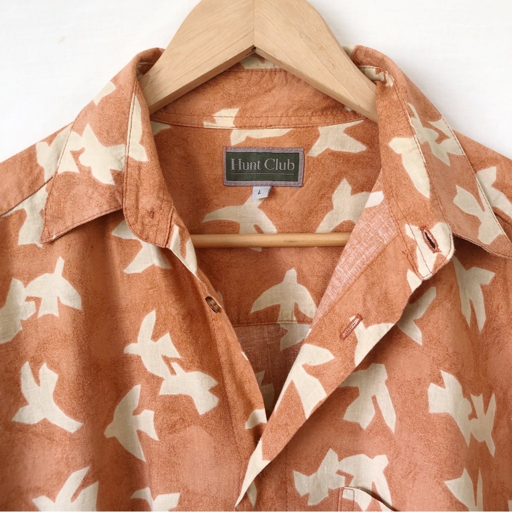 Vintage Mens HUNT CLUB Orange Cream Bird Button Up Cotton Rayon Shirt Size L - Picture 4 of 11